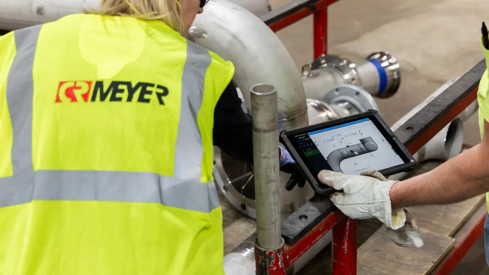 worker using tablet 3d model industrial piping